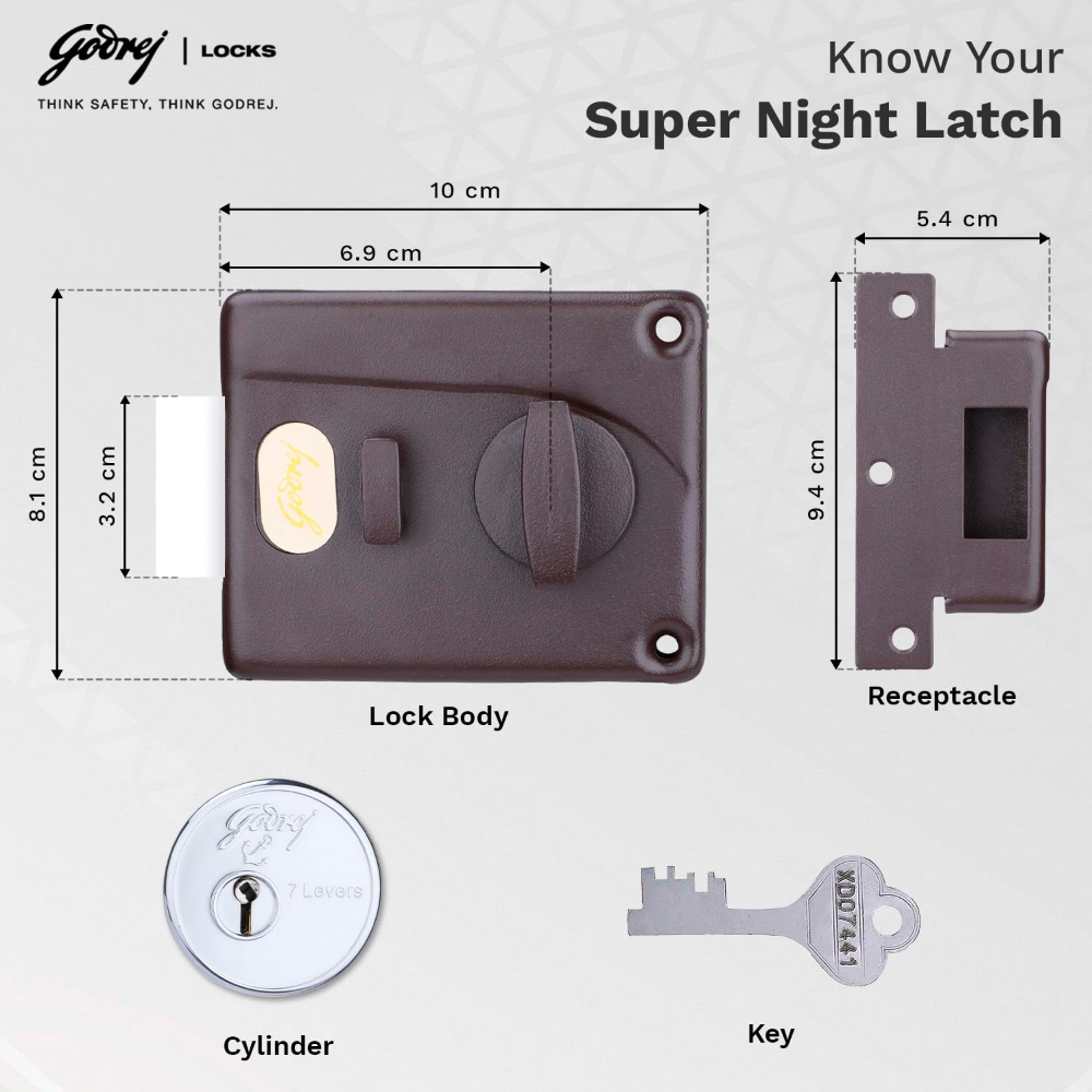 Godrej Rim Lock l Night Latch I 1CK Latchbolt l for Inside Opening Main & Safety Door I Left or Right-Handed Doors l 3 Keys l 5-Year Warranty l Textured Brown
